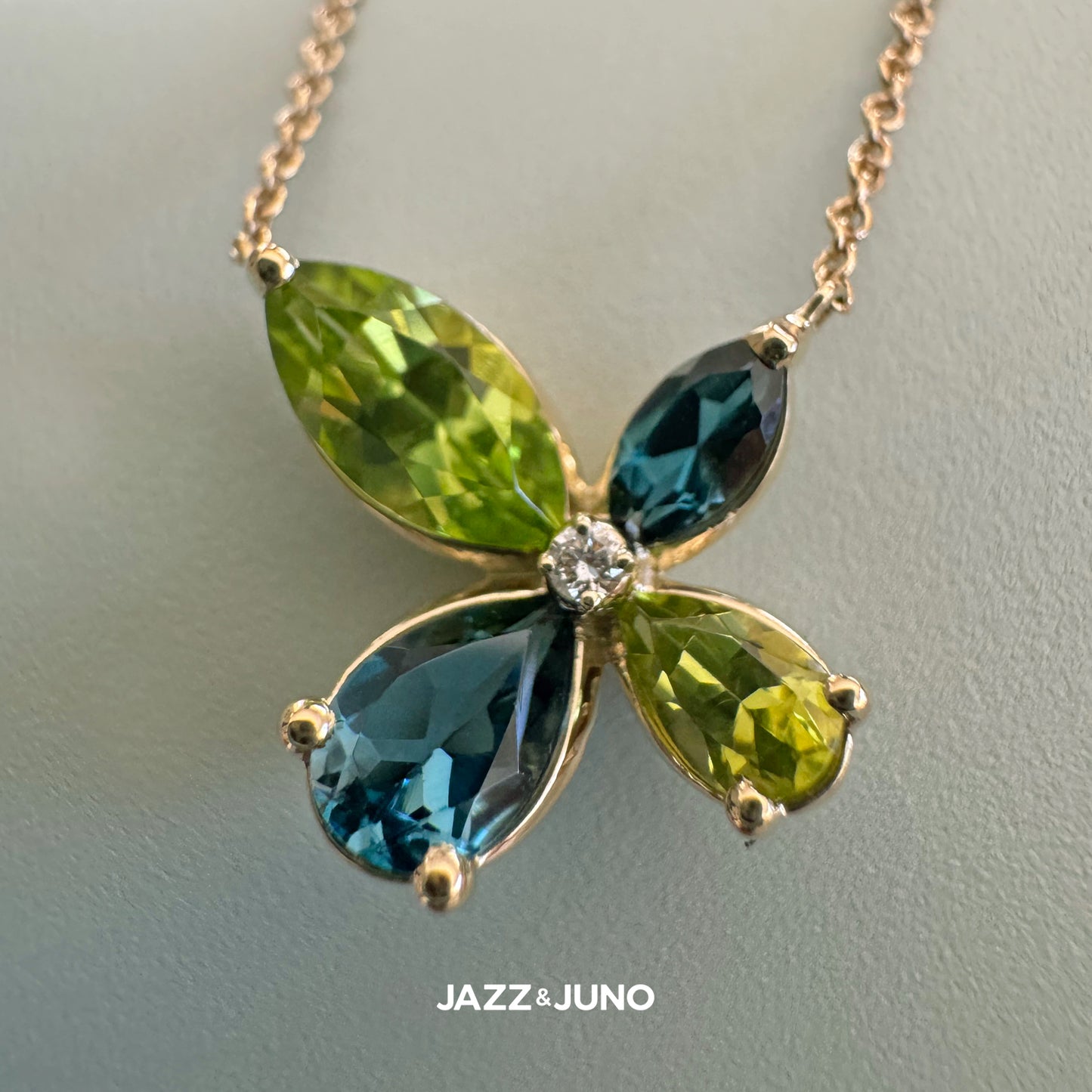 9K Solid Gold Vivid Peridot & Blue Topaz Necklace