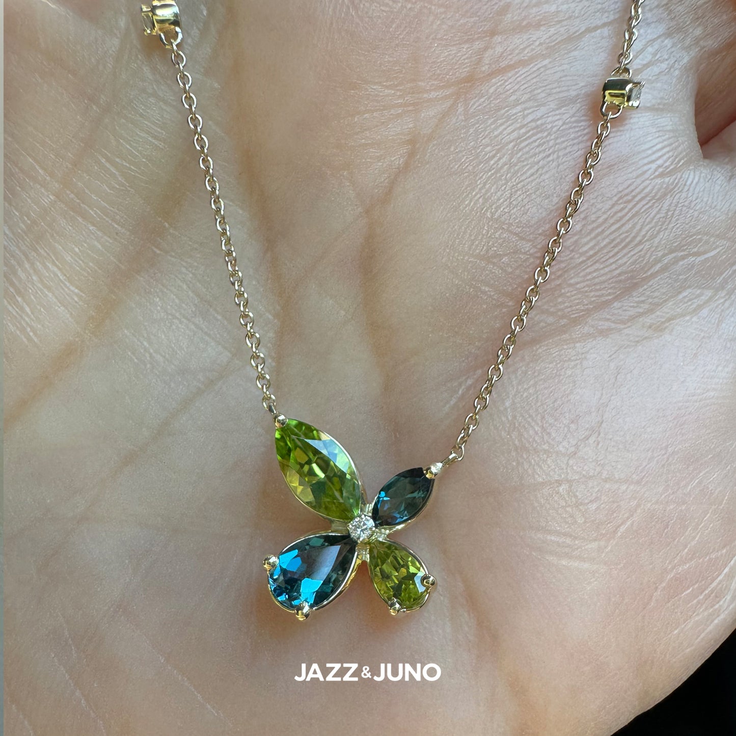 9K Solid Gold Vivid Peridot & Blue Topaz Necklace