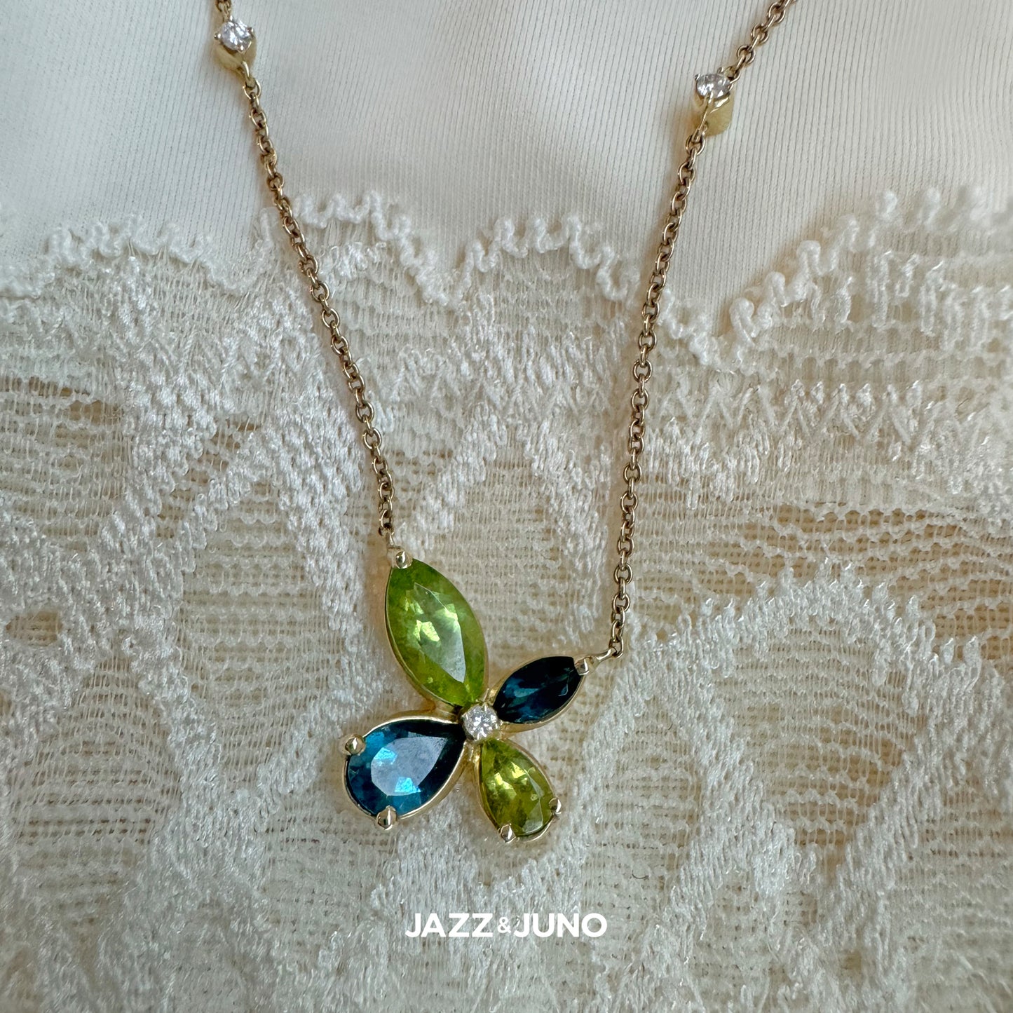 9K Solid Gold Vivid Peridot & Blue Topaz Necklace