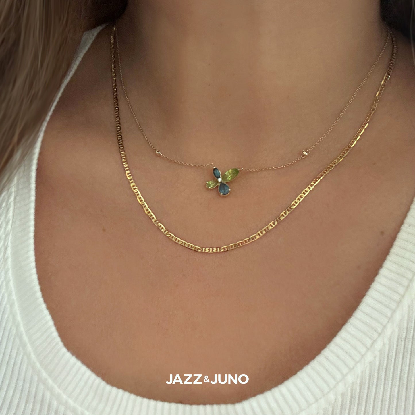 9K Solid Gold Vivid Peridot & Blue Topaz Necklace