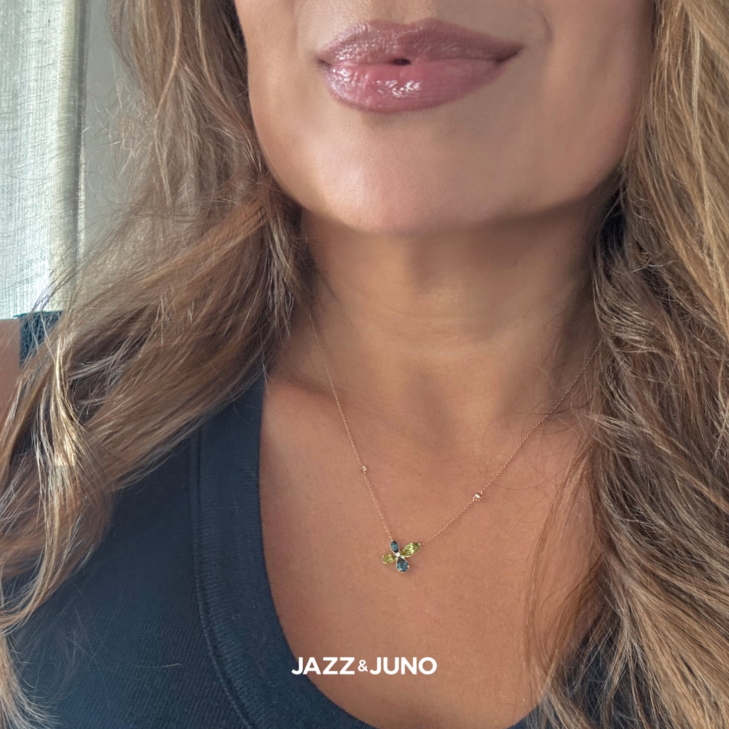 9K Solid Gold Vivid Peridot & Blue Topaz Necklace