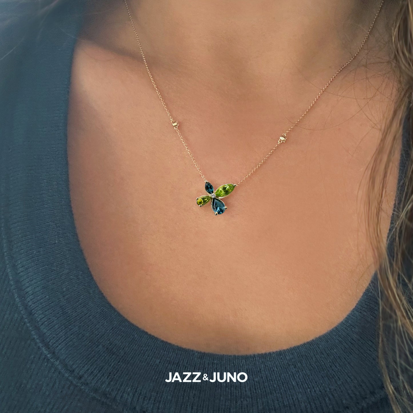9K Solid Gold Vivid Peridot & Blue Topaz Necklace