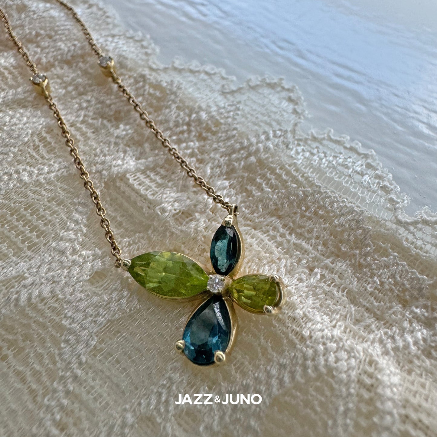 9K Solid Gold Vivid Peridot & Blue Topaz Necklace
