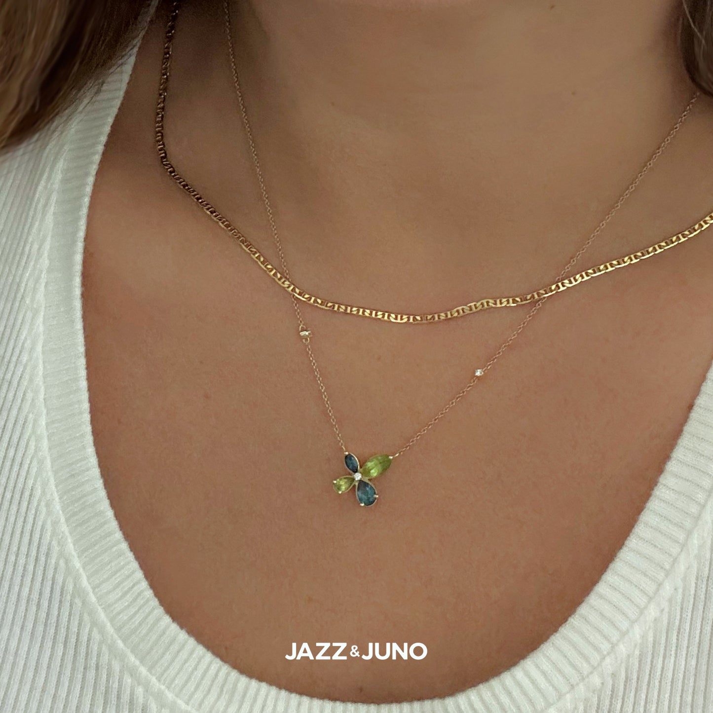 9K Solid Gold Vivid Peridot & Blue Topaz Necklace