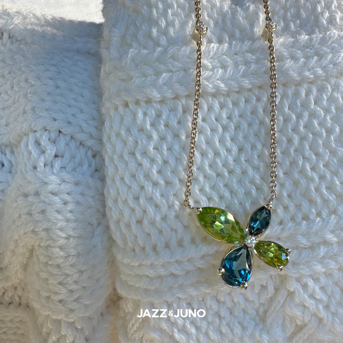 9K Solid Gold Vivid Peridot & Blue Topaz Necklace